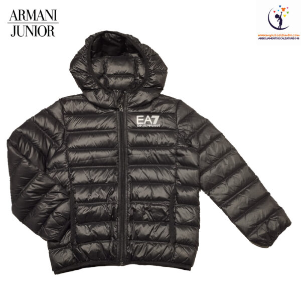 piumino cento grammi da bambino di Emporio Armani nero con cappuccio