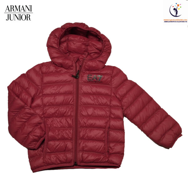 piumino cento grammi da bambino di Emporio Armani rosso con cappuccio