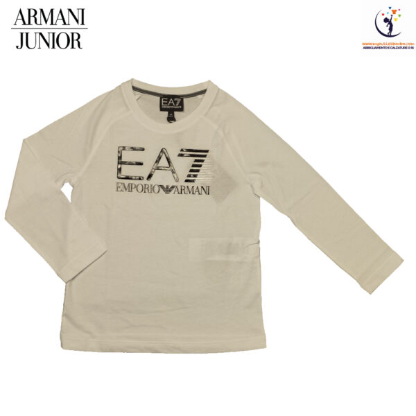 t-shirt da bambini Emporio Armani bianca a maniche lunghe in jersey di puro cotone