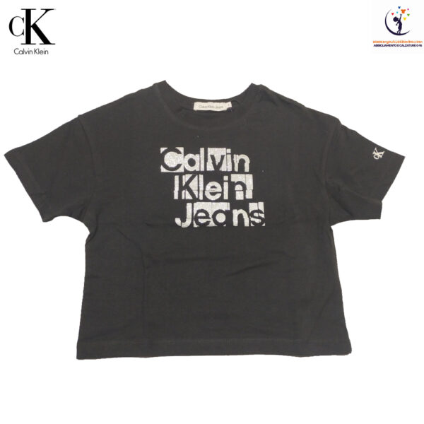 t-shirt da bambina nera di Calvin Klein in jersey a maniche corte logo glitter